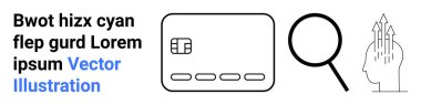 Üzerinde çip ve büyüteç bulunan kredi kartı detaylı analizleri gösteriyor. Okları olan beyin simgesi düşünceleri, fikirleri ve yenilikleri simgeler. Mali analiz, güvenlik ve dijital pazarlama için ideal