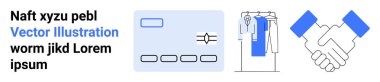 Örnek metin içeren metin bloğu, çizgili ve düğmeli kredi kartı illüstrasyonu askılı ve elbiseli elbise askılığı, tokalaşma resmi. İş, finans, perakende, takım çalışması ve işbirliği için ideal