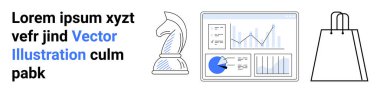 Grafik ve grafikleri gösteren iş analizi paneli stratejiyi sembolize eden bir şövalye satranç taşı ve e-ticareti temsil eden bir alışveriş çantası. İş stratejisi ve veri analizi için ideal