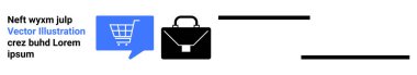 Blue shopping cart in speech bubble, black briefcase icon, and text elements in black. Ideal for business, e-commerce, retail, shopping, communication, marketing, and website landing pages. Landing clipart