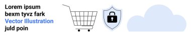 Alışveriş arabası, asma kilitli güvenlik kalkanı ve çevrimiçi alışveriş, siber koruma ve bulut bilgisayarını vurgulayan bulut depolama ikonu. E-ticaret, siber güvenlik, veri depolama, perakende için ideal