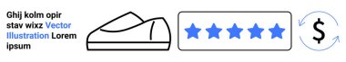 Bir spor ayakkabısı, beş yıldızlı bir değerlendirme sistemi ve ürün değerlendirmesini, kalitesini, fiyatlandırmasını, e-ticaretini ve müşteri geribildirimini temsil eden bir dolar sembolü. Tasarım, e-ticaret, eleştiriler için ideal