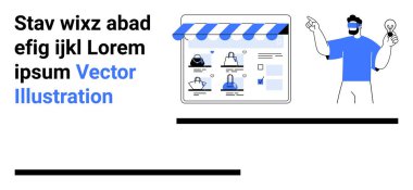 Mavi gömlekli adam elinde bir ampul tutuyor, profil kartlarıyla çevrimiçi bir mağaza arayüzünü gösteriyor ve sola mesaj atıyor. Web tasarımı, iş kavramları, e-ticaret, yaratıcılık için ideal