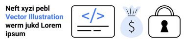 Kod sembolü, para çantası ve metin numunesinin yanına asma kilit. Web geliştirme, finans, siber güvenlik, iş sunumları, çevrimiçi ödeme veri koruma siteleri için idealdir. İniş sayfası
