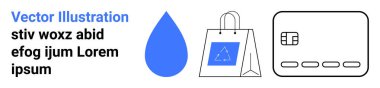 Mavi su damlası, geri dönüşüm sembollü alışveriş çantası ve kredi kartı sürdürülebilirliği, e-ticareti ve finansmanı temsil ediyor. Çevre kampanyaları, çevrimiçi alışveriş, çevre dostu ürünler için ideal