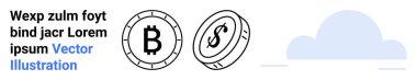 Bitcoin ve dolar simgeleri, Lorem ipsum metni, mavi bulut grafiği. Kripto para birimi, dijital ödemeler, engelleme zinciri, finans, bulut hesaplama, fintech, yatırım kavramları için ideal. İniş sayfası