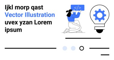 Kodlama tahtası, dişli ampul ve metin blokları olan karakter. Web geliştirme, kodlama, yenilik, teknoloji, yaratıcılık, yazılım çözümleri ve başlangıç için idealdir. İniş sayfası