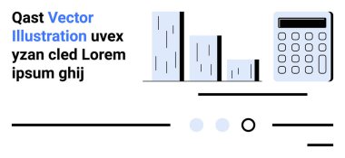 Üç farklı yüksekliğe sahip çubuk grafikler, mavi ve siyah detaylara sahip bir hesap makinesi ve çoklu satır metni. Finans görselleri, iş raporları, matematik, eğitim içeriği, istatistiksel
