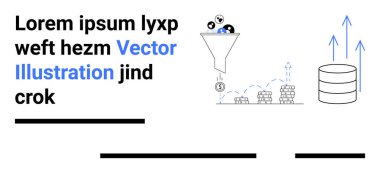 Para birimi sembollü huni filtreleme simgeleri yığılmış bozuk para grafiğine, vitrin büyümesini gösteren oklara, sağdaki veritabanı deposuna götürür. Veri analizi, pazarlama, finans, satış için ideal