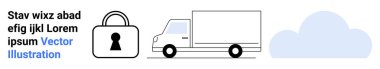 Asma kilit, dağıtım kamyonu ve bulut veri güvenliğini, lojistiği ve bulut deposunu temsil ediyor. Siber güvenlik, ulaşım, bulut hesaplama, güvenli dağıtım hizmetleri veri koruması için ideal
