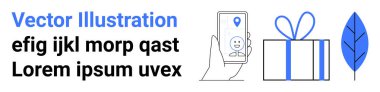 Konum broşlu ve kullanıcı simgesine sahip akıllı telefon fiyonklu ve yapraklı hediye kutusunun yanında duruyor. E-ticaret, çevrimiçi alışveriş, dijital pazarlama, tatil promosyonları, tüketici davranışları, sosyal