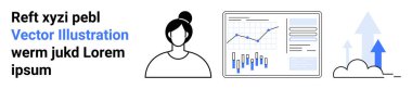 Kadın avatarı, veri tabloları, yukarı doğru oklar ve örnek metinler, bir iş analizi ve büyüme teması yaratıyor. Mali raporlar, sunumlar, atölyeler, kurumsal web siteleri, veriler için ideal