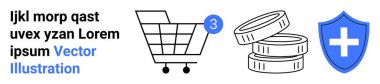 Bildirimli alışveriş arabası, üç bozuk para yığını ve beyaz haçlı mavi bir güvenlik kalkanı. E-ticaret, alışveriş, para birimi, çevrimiçi güvenlik, dijital işlemler, finans için ideal