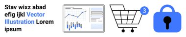 Laptop ekranında iş analizleri, bilgilendirme rozetli bir alışveriş arabası ve güvenlik kilidi. Çevrimiçi iş, e-ticaret, veri analizi, siber güvenlik, dijital pazarlama için ideal