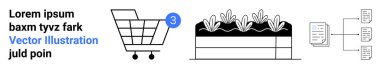 Tebligat kartlı alışveriş arabası, bitkilerle dolu saksı, döküman akışı şeması. E-ticaret, bahçıvanlık, organizasyon, veri yönetimi, bildirimler, doğa temaları, basitleştirme için ideal