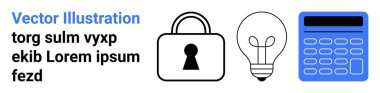 Metne göre sıralanmış asma kilit, ampul ve hesap makinesi simgeleri. Güvenlik, yaratıcılık, finans, teknoloji, problem çözme koruma ve eğitim konuları için idealdir. İniş sayfası