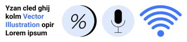 Yüzdelik sembol, mikrofon ve yazılı kablosuz ikonlar. İletişim, teknoloji, kablosuz bağlantı, ses kaydı, yüzde hesapları, internet, dijital medya için ideal. İniş sayfası