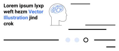 Beyin çizimi, dağınık metin elementleri ve siyah-mavi minimalist çizgiler olan insan kafası ana hatları. Eğitim içeriği, bilimsel sunum, zihinsel sağlık farkındalığı, bilişsel