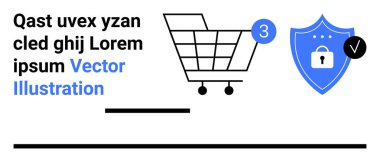 Tebligat kartlı alışveriş arabası ve işaretli güvenlik kalkanı. E-ticaret, çevrimiçi alışveriş, güvenlik, tebligat, satın alma, internet güvenliği, dijital işlemler için ideal. İniş
