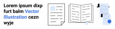 Metin bölümü, belge simgesi, açık kitap ve mavi işaretli kontrol listesi, hepsi basit bir tasarım. Sunumlar, web siteleri, öğretici materyaller, iş raporları ve eğitim içeriği için ideal