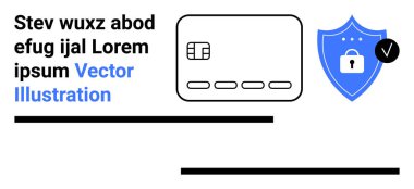 Güvenlik ödemesini gösteren kilit sembollü bir kalkanın yanında kredi kartı resmi. Finansal teknoloji, çevrimiçi alışveriş güvenliği, ödeme onayı, güvenli işlemler, dijital bankacılık için ideal