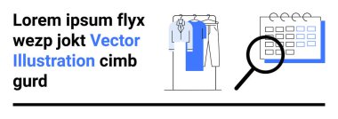 Giysi rafında takvim odaklı büyüteçle çeşitli giysiler var. Moda planlaması, takvim yönetimi, randevular, programlar, organizasyon, perakende, giysi