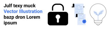 Siyah kilit güvenliği temsil ediyor, mavi işaretli dokümanlar istiflenmiş, ampul ise yeniliği sembolize ediyor. Veri koruması, yenilik, fikri mülkiyet, güvenlik ve politika için ideal