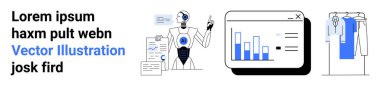 Elinde grafikleri olan bir pano, bar çizelgelerini gösteren bir bilgisayar penceresi ve mavi elbiseli bir elbise askısı tutan bir robot. Teknoloji, yapay zeka, veri analizi, moda, iş çözümleri, robot bilimi için ideal