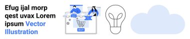 Dijital platformda bir alışveriş arabasıyla etkileşime giren iki kişi. Ampul, bulut ikonu. E-ticaret, dijital pazarlama, yenilik, teknoloji, çevrimiçi alışveriş, bulut hesaplama işi için ideal