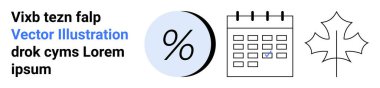 Olay vurgusu ile takvim, mavi daireli yüzde sembolü, ana hatlı akçaağaç yaprağı. Finansal planlama, programlama, mevsimlik etkinlikler, tatil planlaması, iş sunumları, pazarlama için ideal