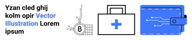 Modern kripto para birimi sembolü, haçlı tıbbi çanta ve mavi dijital cüzdan. Finans, sağlık, engelleme zinciri, teknoloji, güvenlik, iş ve yenilik girişimleri için idealdir. İniş sayfası