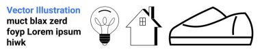 Ampul, bacalı bir ev ve siyah çizgili sıradan ayakkabı ikonları. Simgelerin yanında yer tutucu metin. Enerji kavramları, ev temaları, ayakkabılar, minimalist tasarım, sunumlar, web