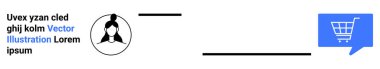 Siyah kullanıcı profili simgesi, yer tutucu metin, mavi bir konuşma balonunda alışveriş arabası sembolü. Kullanıcı hesapları, alışveriş uygulamaları, e-ticaret, müşteri profilleri, web sitesi arayüzleri, çevrimiçi mağazalar için ideal
