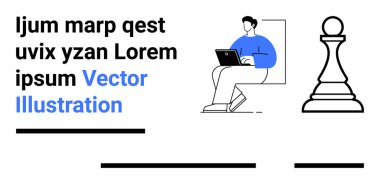 Laptop, büyük satranç piyonu ve mavi ve siyah soyut grafikler kullanan bir birey. Pazarlama, eğitim, eğitim, danışmanlık, teknoloji sunumları, strateji, takım yaratıcılığı için ideal. İniş sayfası