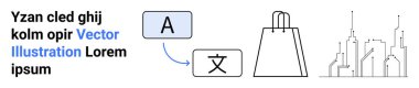 Dil çeviri süreci A ile görselleştirildi. Semboller, alışveriş torbası ve şehir manzarası. Küreselleşme, çeviri hizmetleri, e-ticaret, alışveriş, kentsel gelişim, iletişim için ideal