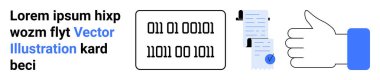 Simgeyi, kontrol listesi ve işaretli belgeyi, ikili kod panelini ve örnek metni parmakla. Teknoloji, iş, onay süreçleri, kodlama kılavuzları, profesyonel iletişim, veri için ideal