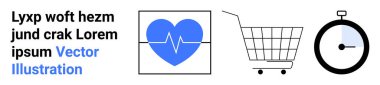 Kalp atışı mavi kalp ve nabız çizgisi, alışveriş arabası, ve siyah kronometre. Sağlık, e-ticaret, zaman yönetimi, fitness, online alışveriş, aciliyet ve tıbbi hizmet için ideal. Pankart