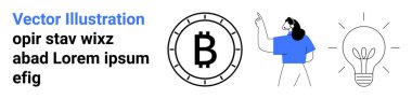Çemberdeki Bitcoin sembolü, yukarı doğru bakan mavi gömlekli bir kadın, bir ampul. Kripto para birimi, finans, teknoloji, yenilik, sunum, iş stratejisi, başlangıç kavramları için ideal