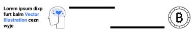 Mavi kalpli insan kafası, Bitcoin para sembolü Lorem Ipsum yer tutucu metni, yatay çizgiler. Kripto para birimi, finans teknolojisi, dijital para birimi, engelleme zinciri, finans, zihinsel sağlık için ideal