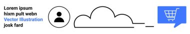 Kullanıcı profili simgesi, bulut ağı sembolü ve mavi bir mesaj balonunda alışveriş arabası. E-ticaret, bulut hizmetleri, kullanıcı hesapları, çevrimiçi alışveriş, iletişim, dijital platformlar ve vektör için ideal