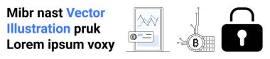 Kilit simgesi, finansal grafikli akıllı telefon ve Bitcoin engelleme şeması. Siber güvenlik, finans, teknoloji, engelleme zinciri, veri analizi, finansal uygulamalar, dijital cüzdanlar için ideal. İniş sayfası