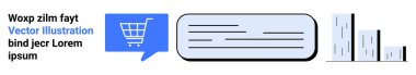 Alışveriş arabası konuşma baloncuğunun içinde, dikdörtgen kutuda metin çizgileri, bar çizelgesi. E-ticaret, veri analizi, iletişim, web tasarımı, iş sunumları, çevrimiçi pazarlama, istatistik için ideal