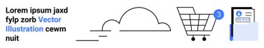 Mavi işaretli siyah metin, bulut sembolü, uyarı rozetli alışveriş arabası ve profil kartı simgesi. E-ticaret, bulut hizmetleri, çevrimiçi alışveriş, bildirimler, kullanıcı