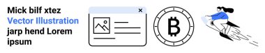 Fotoğraf ve metin dizaynı olan arayüz tasarımı, Bitcoin sembolü ve uçan bir roketin üstündeki kişi. Makaleler, sunumlar, dijital para birimi içeriği, teknoloji blogları, fütüristik kavramlar ve iniş için ideal