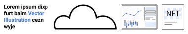 Bir NFT simgesi ve metnin yanında veri analizini temsil eden çubuk grafik ve çizgi çizelgesi olan bir bulut. Bulut teknolojisi, veri görselleştirme, NFT eğilimleri, dijital para birimi, teknolojik yenilik, modern