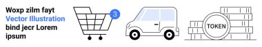 Bildirimli alışveriş arabası, bir araba ve kripto para jetonları. E-ticaret, perakende, dağıtım, ulaşım, kripto para, online alışveriş, teknoloji için ideal. İniş sayfası