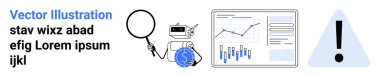 Dolar işareti olan robot, büyüteç, grafikli veri tablosu ve ünlem işareti. Finansal analiz, piyasa araştırması, risk değerlendirmesi, teknoloji entegrasyonu, veri görselleştirmesi için ideal