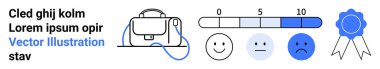 Typography Cled ghij kolm, sırt çantası ikonu, memnuniyet ölçeği mutluluktan üzüntüye, ve mavi kurdele. Eğitim materyalleri, sunumlar, bilgi grafikleri, web tasarımı, bloglar, kullanıcılar için ideal