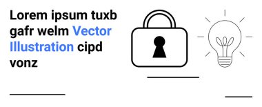 Şekillendirilmiş ampul, mavi vektör illüstrasyon metni ve yer tutucu metnin yanında siyah kilit simgesi. Siber güvenlik, yenilik, fikirler, teknoloji, yaratıcılık, minimalizm ve eğitim konuları için ideal