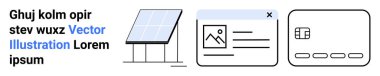 Bir stantta güneş paneli, resim ve metin içeren web sayfası düzeni ve dijital finansı temsil eden bir kredi kartı. Yenilenebilir enerji, web tasarımı, dijital işlemler, çevrimiçi iş, e-ticaret için ideal
